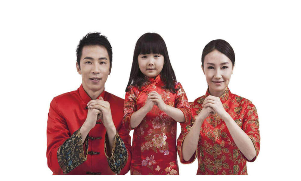 Chinese New Year family performing traditional greeting.